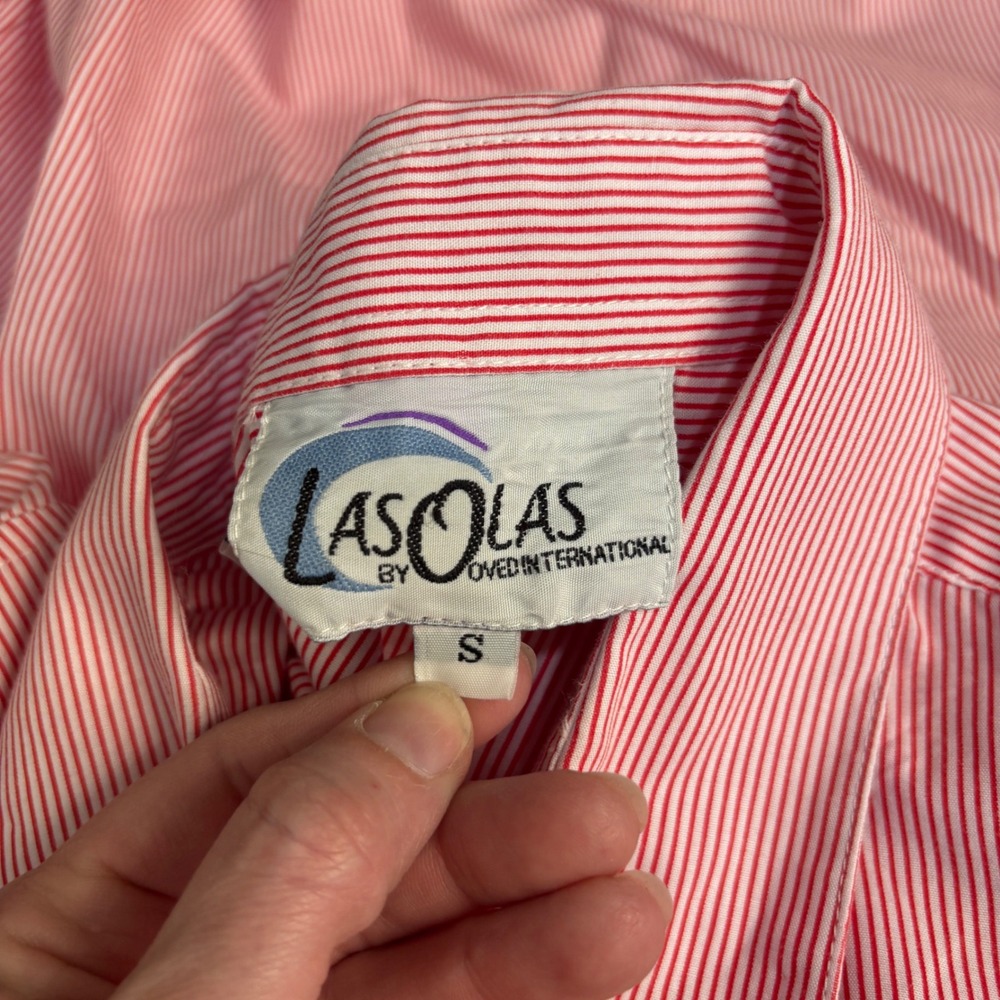 Las Olas Ladybug Embroidered Shirt Womens Small Red Pinstripe Rhinestone Vintage - Picture 5 of 15